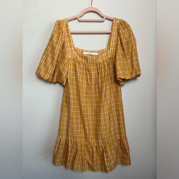 Marie Oliver Silk Blend Puff Sleeve Kaylee Dress in Desert Orange Plaid S - Picture 2 of 10